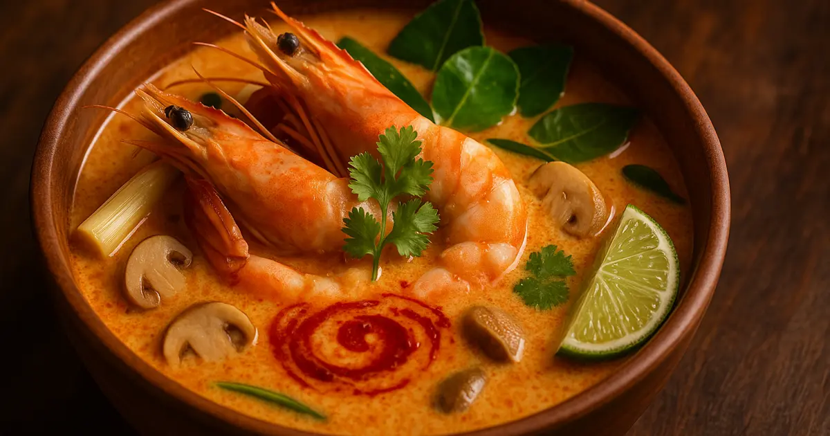 ชามดินเผาใส่ต้มยำกุ้งครีมกะทิ สีส้มอมแดงเข้มข้น ด้านในมีเห็ดชิเมจิ ใบโหระพา ตะไคร้ ข่า และใบทะกรูด จัดวางกุ้งตัวโต 2 ตัว พร้อมบีบมะนาวชิ้นเล็ก วางขอบชาม เส้นวิปครีมพริกแกงเป็นลวดลายวนกลางชาม ให้บรรยากาศอบอุ่นแบบไทยดั้งเดิมภายใต้แสงไฟนุ่มนวล