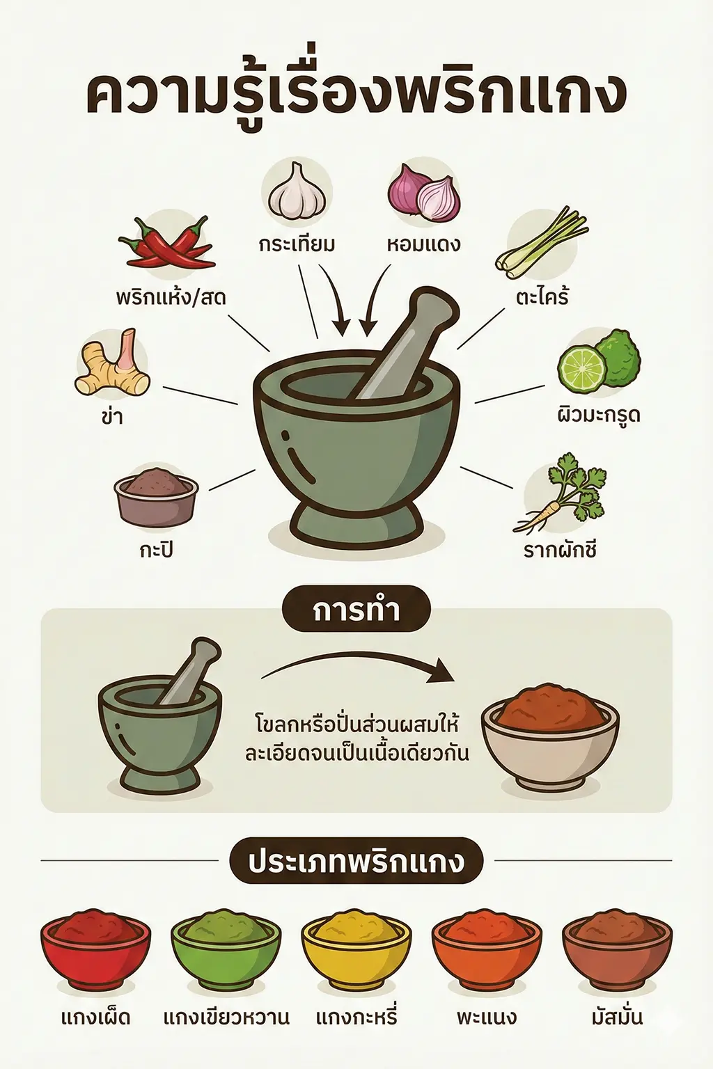 #2 อินโฟกราฟิกส่วนประกอบพริกแกง แสดงภาพพริก แกง กระเทียม ข่า ตะไคร้ หอมแดง กะปิ และใบมะกรูด