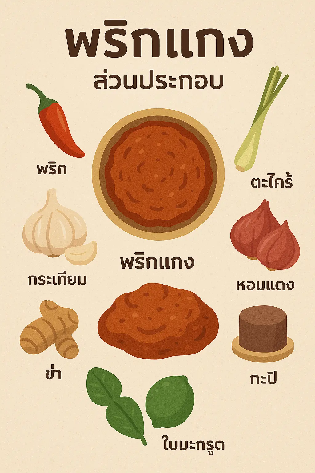 อินโฟกราฟิกส่วนประกอบพริกแกง แสดงภาพพริก แกง กระเทียม ข่า ตะไคร้ หอมแดง กะปิ และใบมะกรูด
