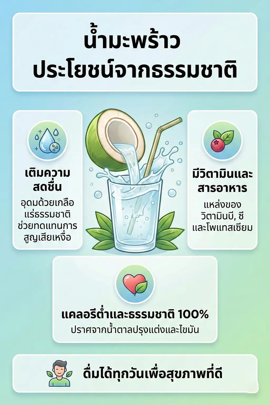 อินโฟกราฟิกภาษาไทยแสดงประโยชน์ของน้ำมะพร้าวต่อสุขภาพ