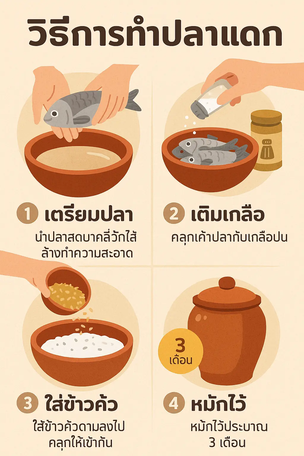 อินโฟกราฟิกแสดงขั้นตอนการทำปลาแดกแบบอีสานด้วยภาพประกอบ 4 ขั้นตอน
