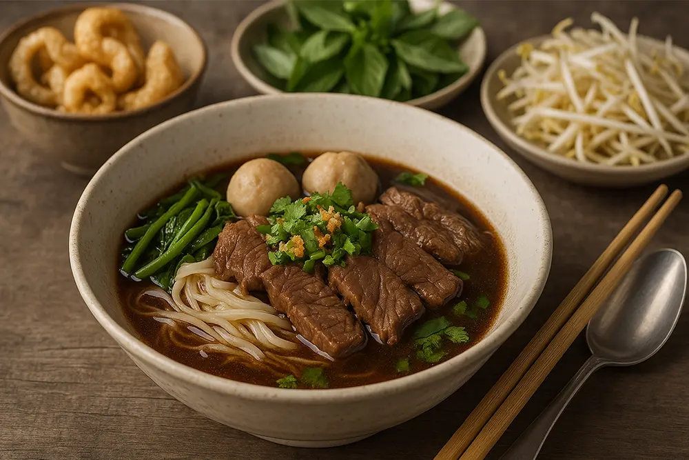 ก๋วยเตี๋ยวเรือเนื้อในชามเซรามิกแบบไทย วางบนโต๊ะไม้พร้อมผักบุ้ง ถั่วงอก และแคปหมู