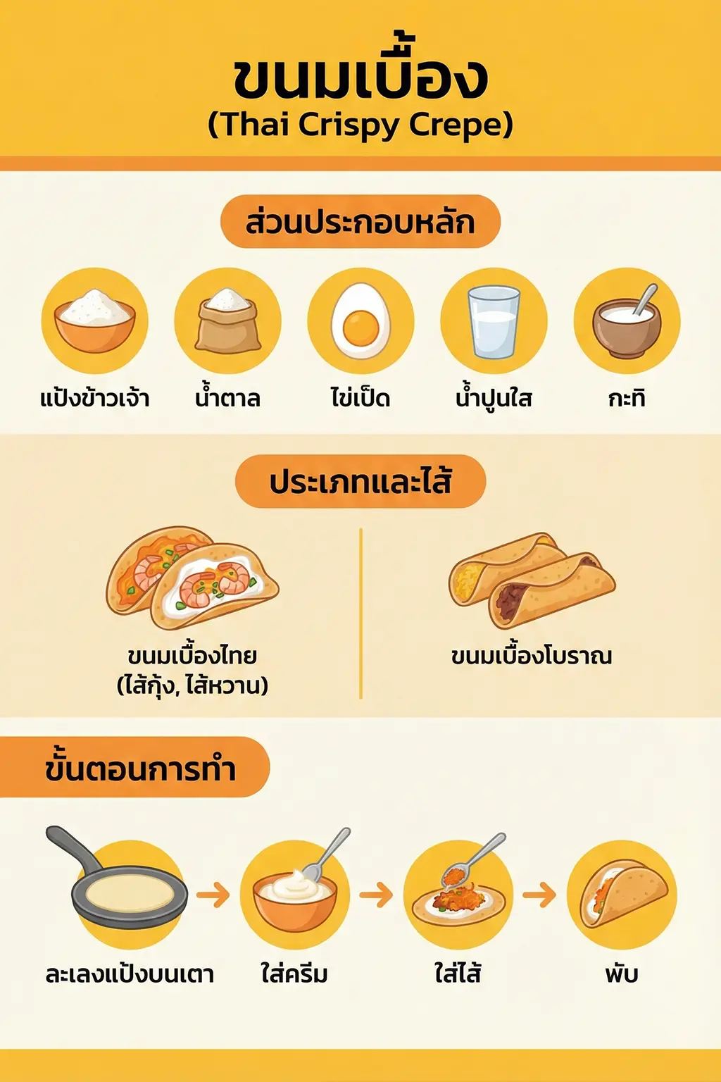อินโฟกราฟิกภาษาไทยเกี่ยวกับขนมเบื้อง ส่วนประกอบ และวิธีการทำ