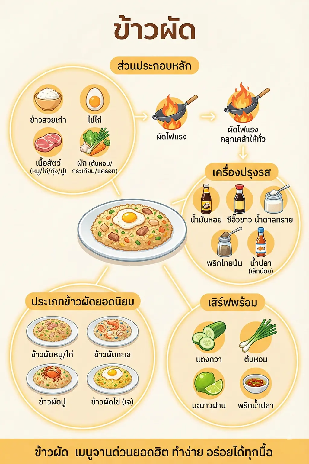 #2 อินโฟกราฟิกทันสมัยอธิบายข้าวผัด แสดงส่วนประกอบหลัก วิธีการผัด เครื่องปรุงรส ประเภทต่างๆ และเครื่องเคียง