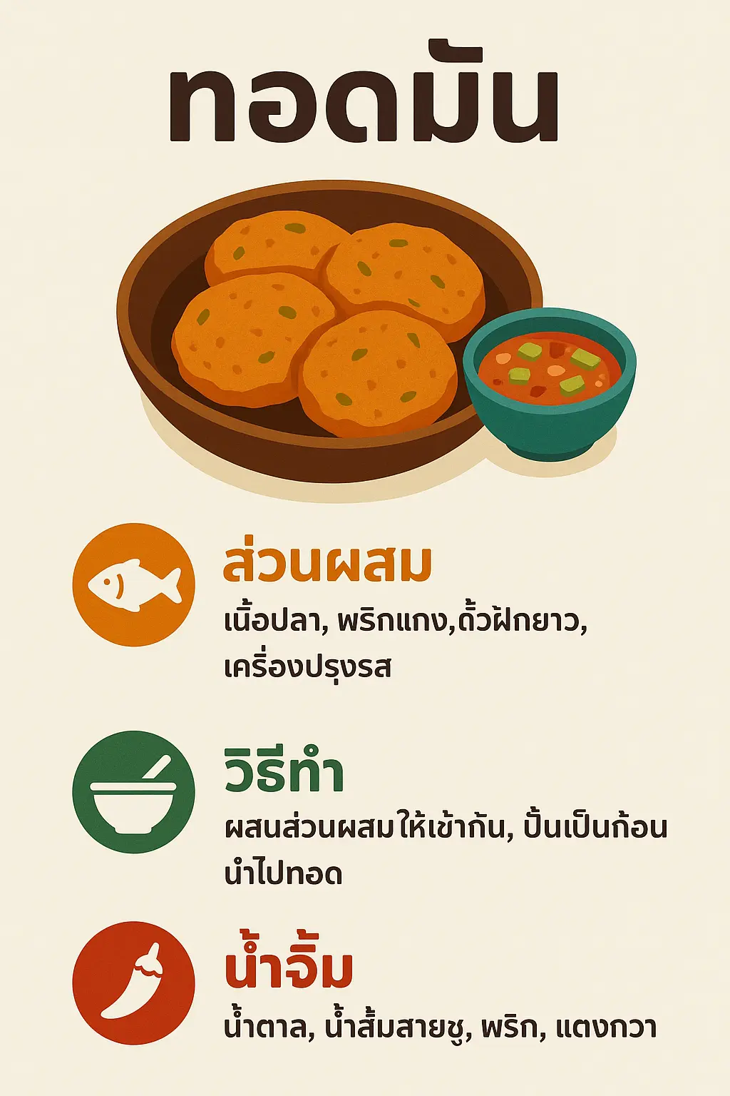 อินโฟกราฟิกทอดมันแบบโมเดิร์น แสดงทอดมันปลาทอดกับน้ำจิ้มแตงกวาในจานไม้ #3 อินโฟกราฟิกทอดมันแบบโมเดิร์น แสดงทอดมันปลาทอดกับน้ำจิ้มแตงกวาในจานไม้