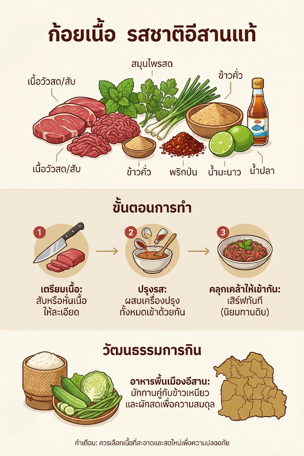 อินโฟกราฟิกอธิบายเกี่ยวกับก้อยเนื้อ อาหารอีสานแท้ แสดงวัตถุดิบ วิธีทำ และวัฒนธรรมการกิน