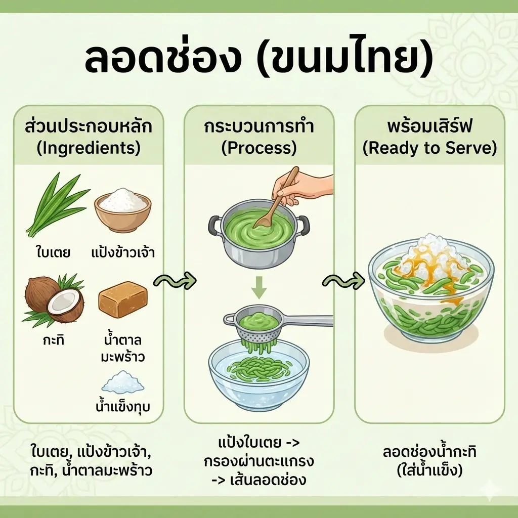 ภาพอินโฟกราฟิกอธิบายส่วนประกอบหลักและขั้นตอนการทำขนมลอดช่องแบบเข้าใจง่าย