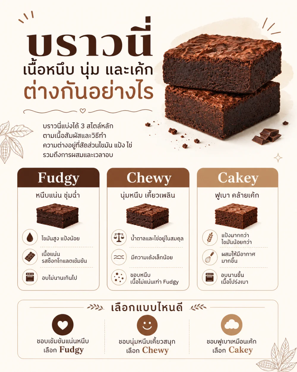 ความแตกต่างระหว่างบราวนี่เนื้อหนึบ นุ่ม และเค้ก